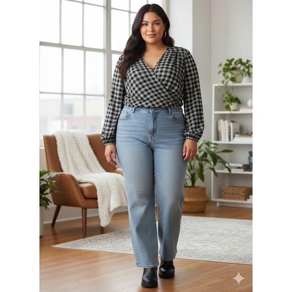 Torrid Womens 1X Career Office Academia Preppy Plaid Long Sleeve Surplice Blouse - Picture 2 of 12